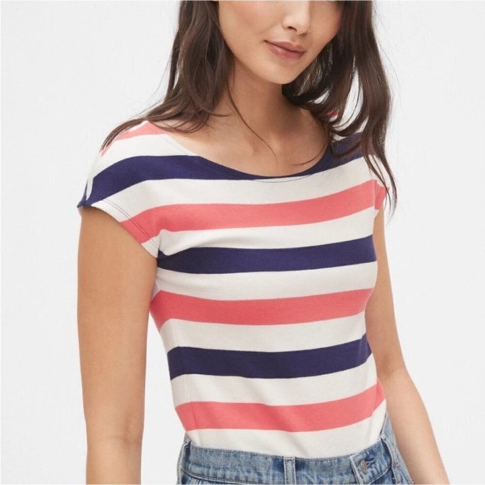 GAP Blue and Pink Fitted Boatneck‎ Cap Sleeve T-Shirt